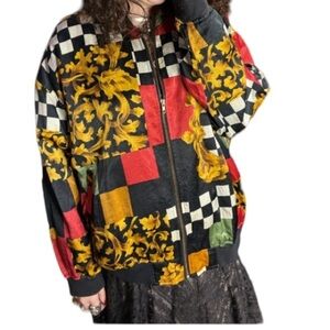 Vintage AZIA 90s Baroque Mix Print 100% Silk Sz XL Bomber Jacket